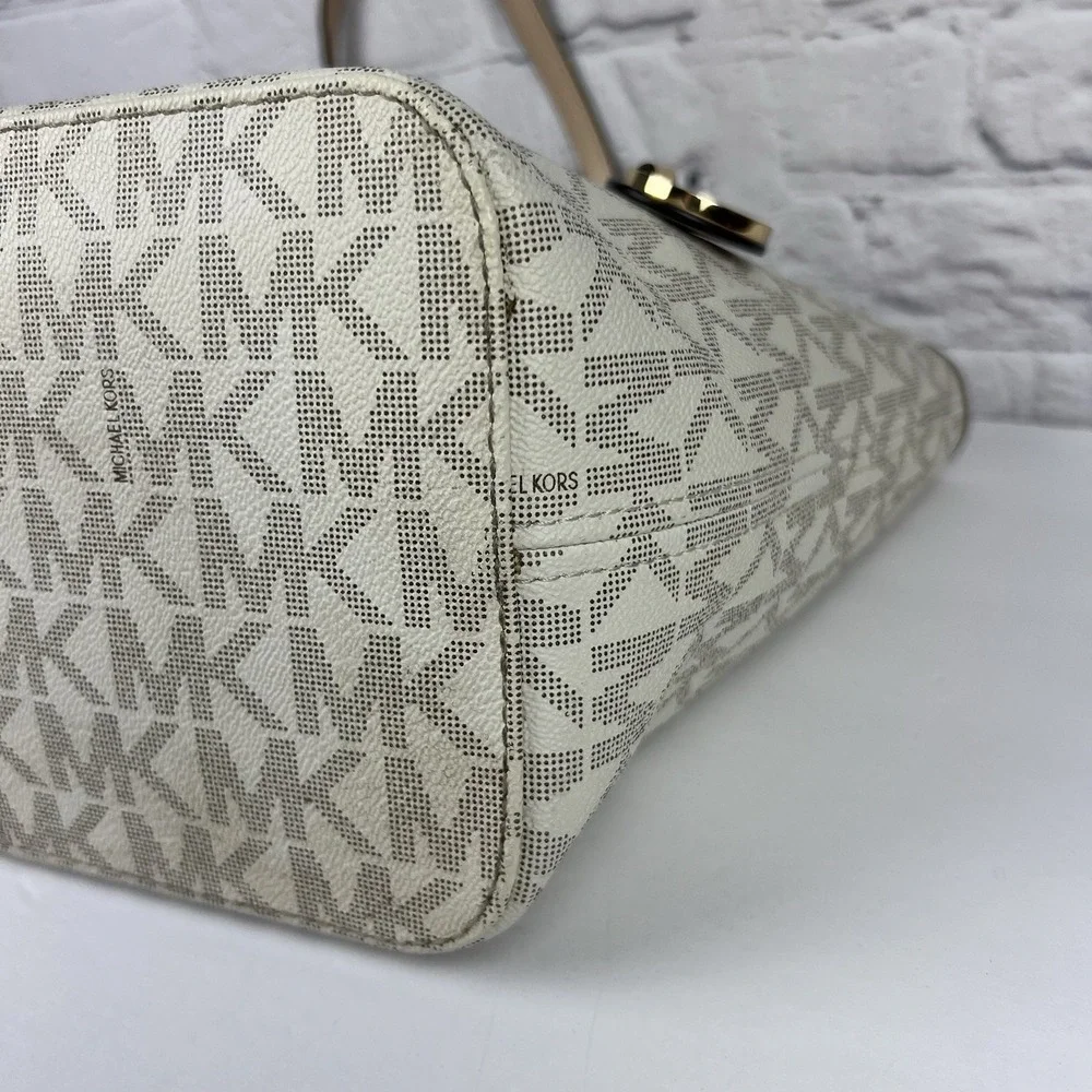 Michael Kors Jet Set Travel Large Tote Vanilla Signature MK Logo Shoulder Bag - Picture 5 of 7